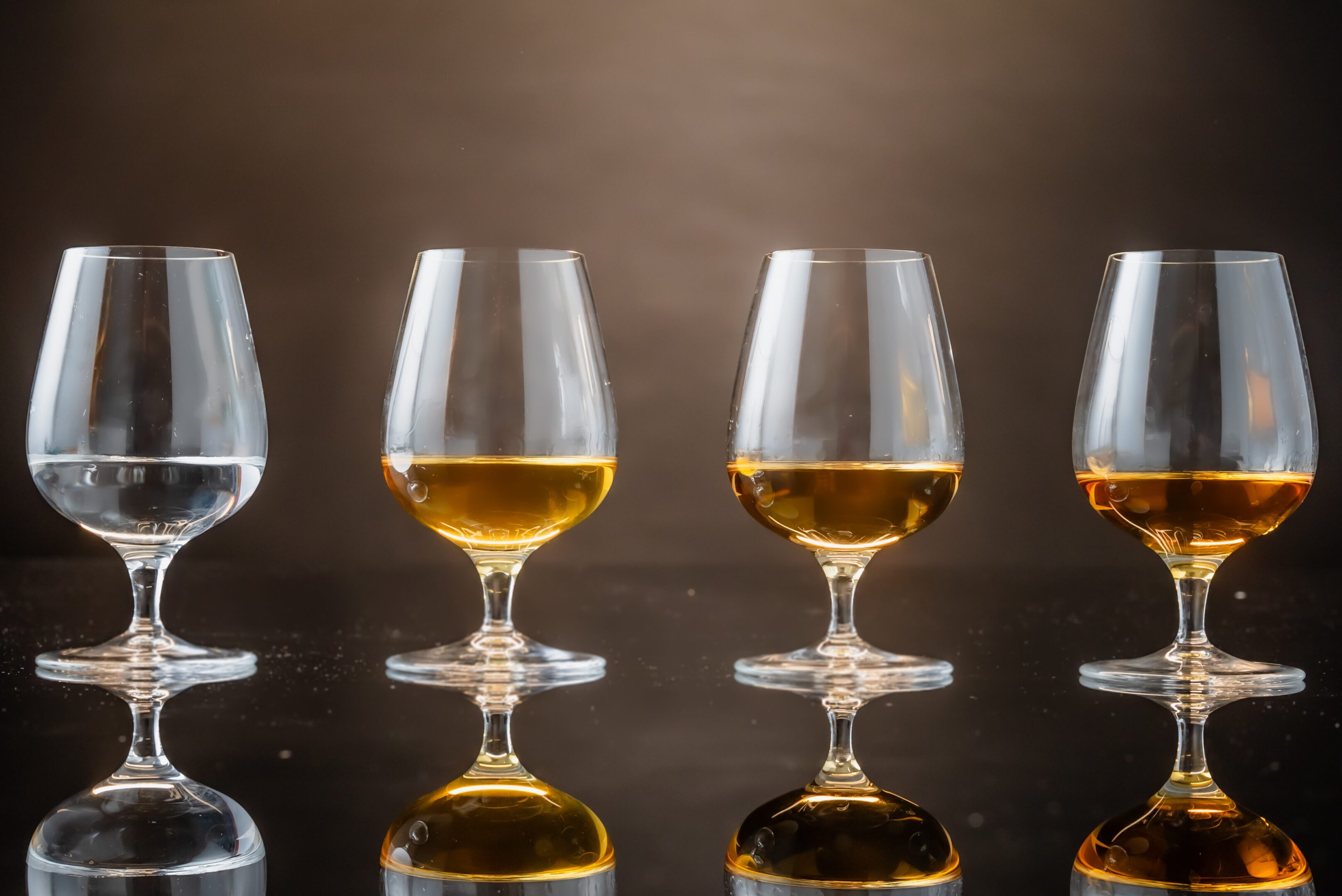 A group of four glasses filled with liquid.